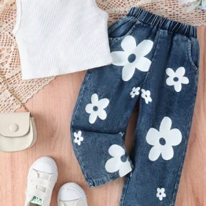 Toddler Girl Fashion Outfits, Solid Color Tank Top & Trendy Printed Jeans Set, Girl Summer Spring Clothes 1-5T