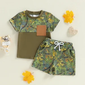 Children s Boys Leaf Print Short Sleeve T-shirt and Elastic Waist Shorts