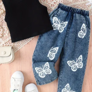 Toddler Girl Fashion Outfits, Solid Color Tank Top & Trendy Printed Jeans Set, Girl Summer Spring Clothes 1-5T
