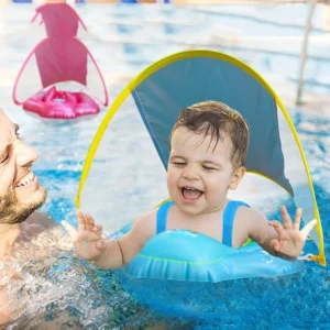 New Inflatable Baby Seat Ring With Sunshade Canopy Foldable Kids Swimming Float Safe Water Play Toy For Infant Toddler Pool Use