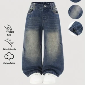 Kids Loose Wide Leg Washed Denim Pants Soft Cotton Comfort Fit