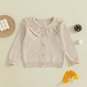 Infant Girls Knitted Sweater with Ruffled Crew Neck Long Sleeves and Button Closure - Solid Color Cardigan