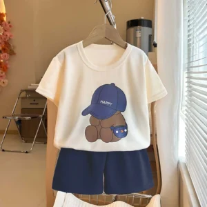 Children Boys 2pcs Tracksuits Cotton Bear Printed Short Sleeves+Shorts
