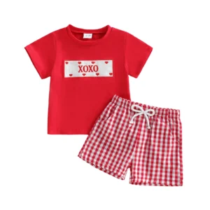 Children s Summer Ensemble Embroidered Short-Sleeve Tee and Plaid Shorts Set for Valentine s Day Outfit