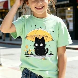 T-Shirt for Girls Cute Cat Umbrella 3D Print Girl Short-Sleeve Top Cartoon Cat Summer Clothes Child T-Shirt Children's Clothing