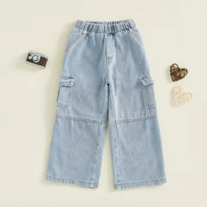 Girls Cargo Jeans Adorable Solid Color Denim Pants with Spacious Pockets and Relaxed Fit